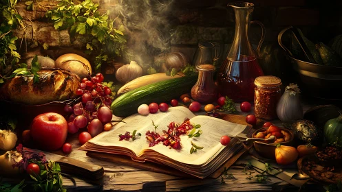 Storybook supper among herbs, garden bounty, and warm light.