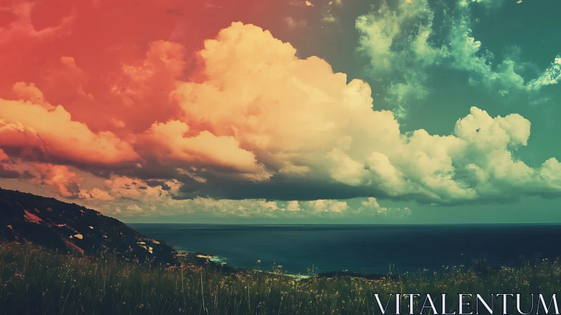 Color-shifted coastal landscape with clouds over horizon.