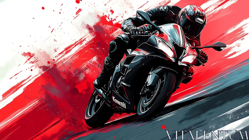 Sportbike racer slashing through red abstract speedscape.