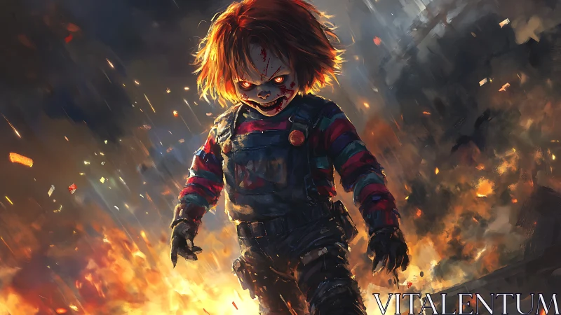 Tiny arsonist strides through molten dusk with wicked delight