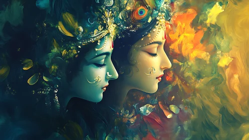 Dual divine profiles in vivid blue and golden hues.