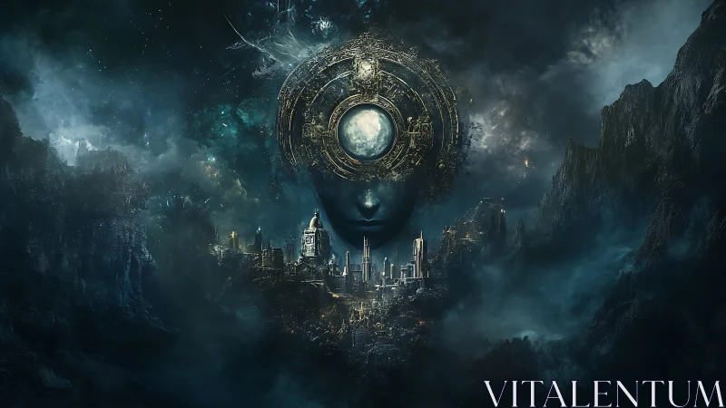 Central celestial head structure dominates a dense cityscape