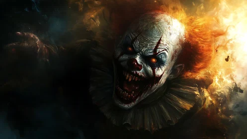Grotesque clown portrait in dark fiery digital scene.