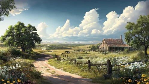 Sunlit country homestead under sweeping summer clouds.