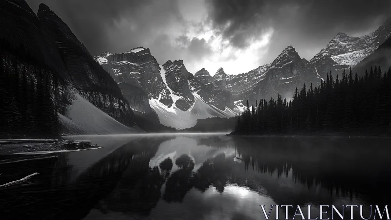 Storm-lit alpine lake with jagged snowy mountain reflections.