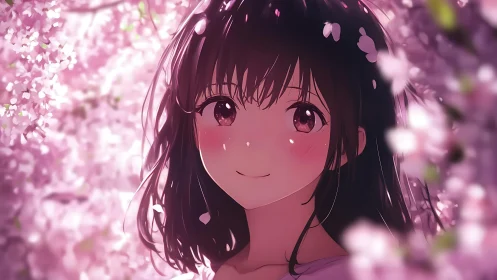 Anime girl portrait framed by dense pink cherry blossoms.