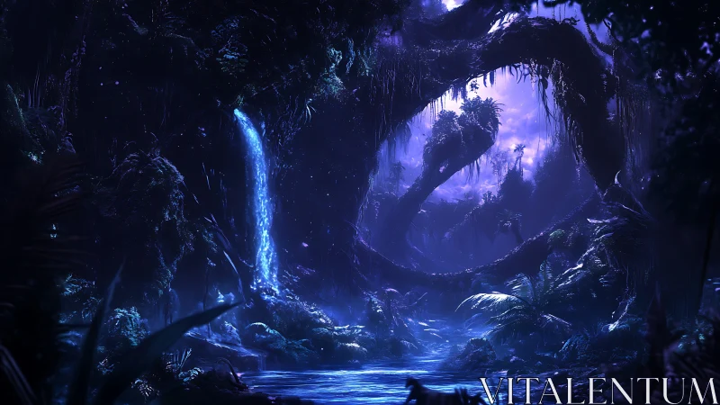 Bioluminescent Cavern With Waterfall and Ancient Jungle Landscape.