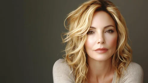 Portrait of blonde woman with wavy hair on neutral background.