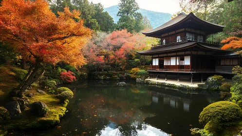 Traditional Japanese pavilion overlooks reflective autumn pond