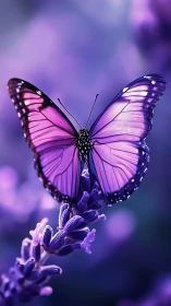 Purple butterfly resting on lavender flower in soft bokeh field.