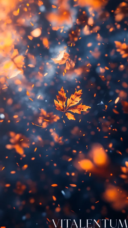Glowing autumn leaves drifting softly through dusky air.
