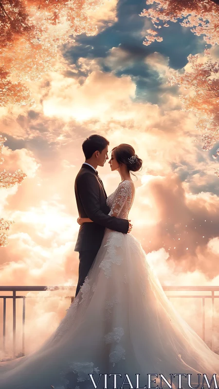 Backlit wedding couple framed by volumetric clouds and foliage