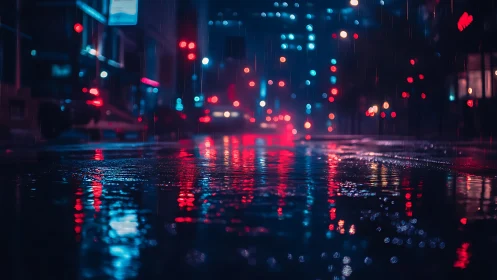 Neon soaked city street with cinematic depth of field at night.