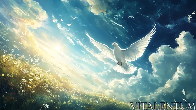 White dove flies over sunlit meadow under bright sky