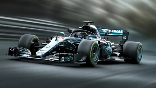 Photorealistic Formula 1 car racing through dynamic blur.