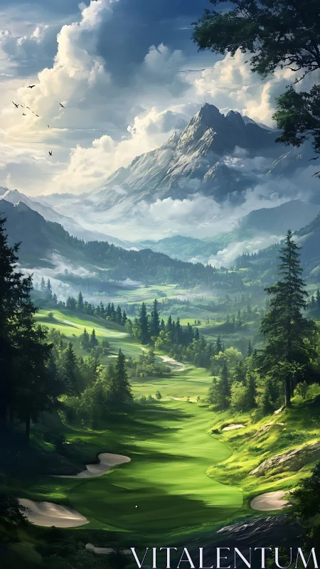 Mountain valley golf course under dramatic cloud-lit sky.