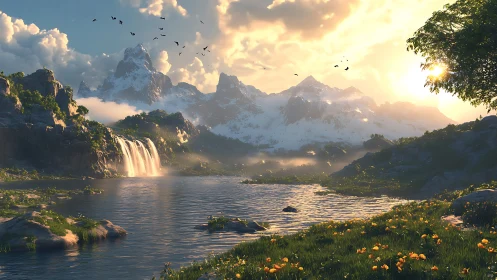 Golden sunrise gently warms a tranquil mountain lake valley