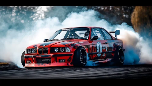 Red BMW drift car shreds racetrack under dense tire smoke.