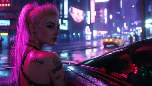 Neon lit woman beside car in wet cyberpunk city street.