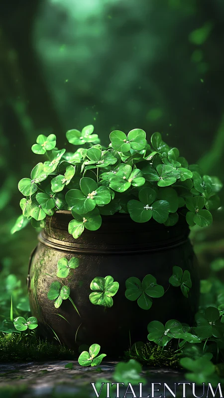 Bright clover spills from a rustic pot in a tranquil forest