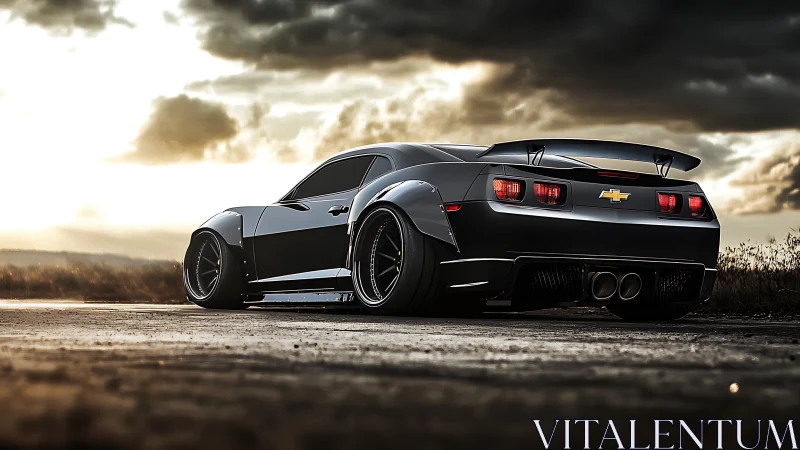 Custom black muscle car waits under dramatic storm clouds.