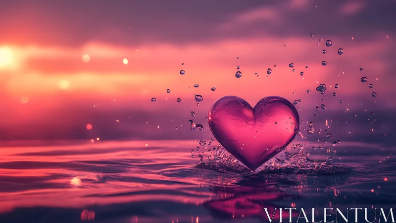 Water Heart Form at Sunset with Floating Droplets