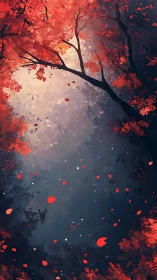 Red autumn canopy over dark skyward forest opening.