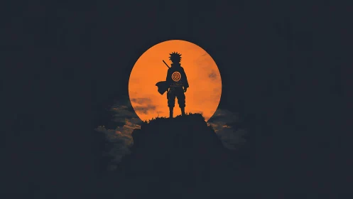 Silhouetted ninja on cliff against large orange moon.