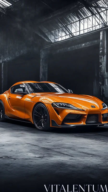 Photorealistic orange sports coupe in industrial loft lighting.