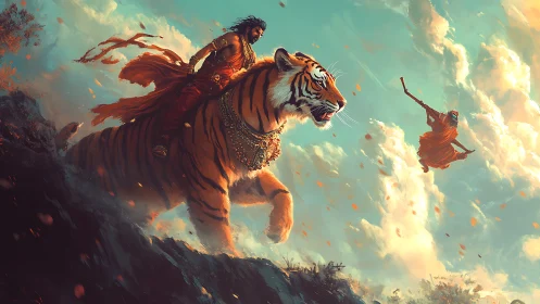 Warrior prince rides colossal tiger through storm of petals.