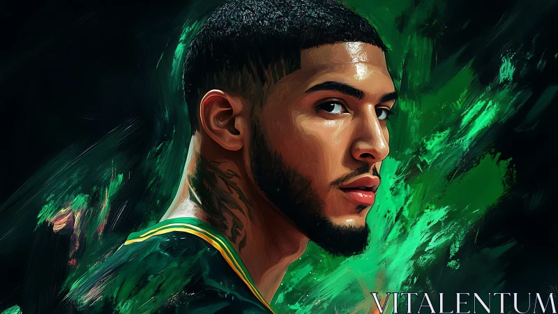 Digital portrait of athlete with green abstract backdrop.