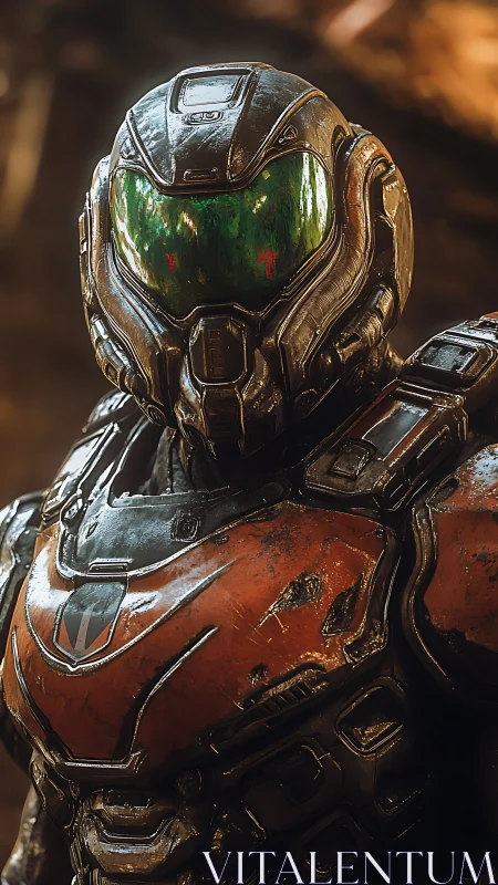 Photorealistic armored exosuit portrait with battleworn plating.