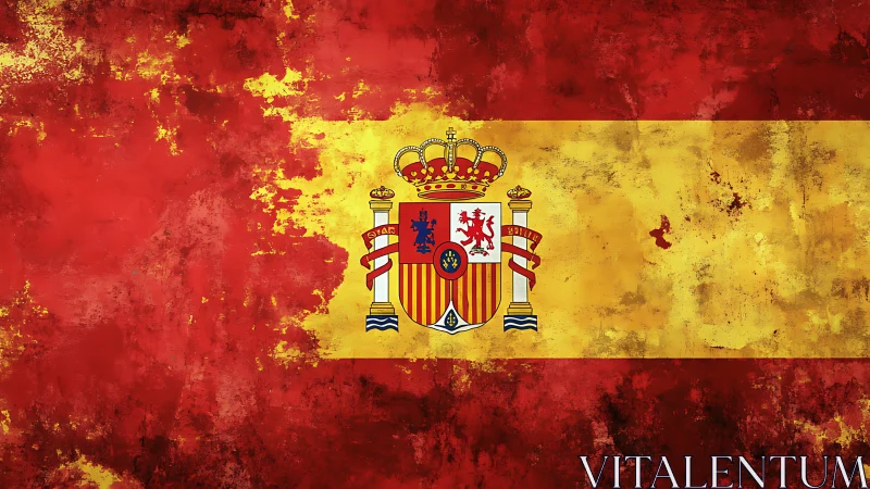 Textured grunge rendering of the Spanish flag and heraldic crest
