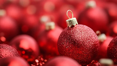 Red glitter Christmas baubles in soft focus closeup.