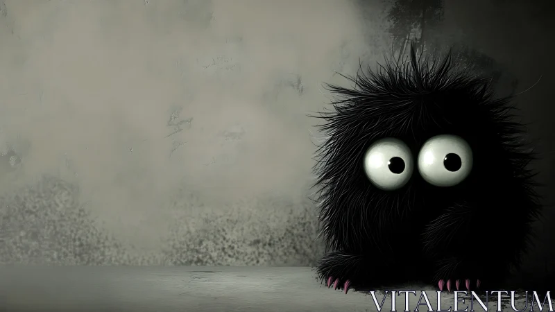 Shaggy black creature with wide eyes in moody corner