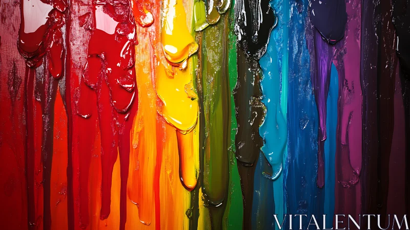 Thick rainbow paint drips in vertical textured streaks.