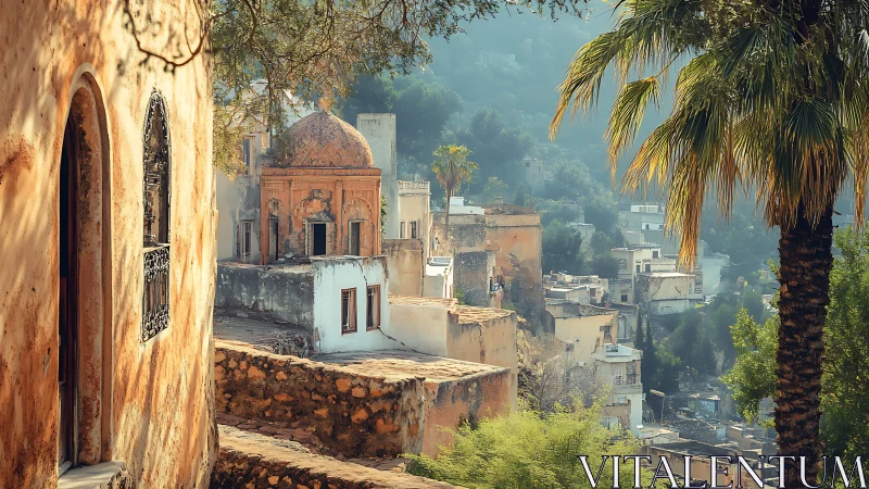 Sunlit hillside town drifts softly into the morning haze