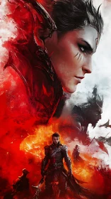 Dual warrior figures amid red and white elemental field.