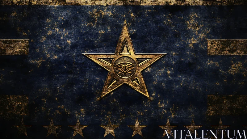 Weathered blue banner with central golden star emblem.
