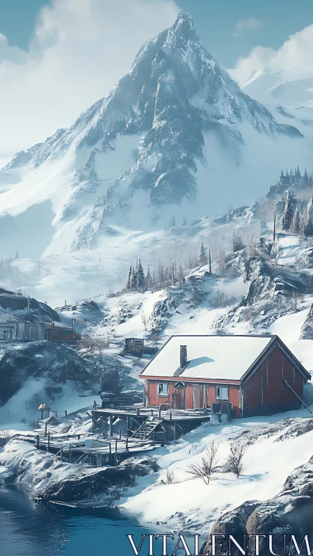 Red mountain cabin in remote snowy winter landscape.