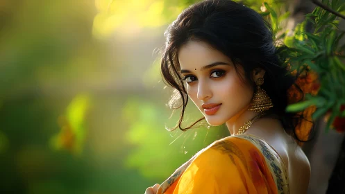 Sunlit saree muse in golden garden glow, softly radiant.