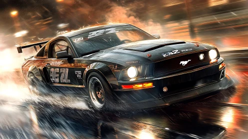 Midnight muscle car drifts through neon-soaked rainstorm streets.