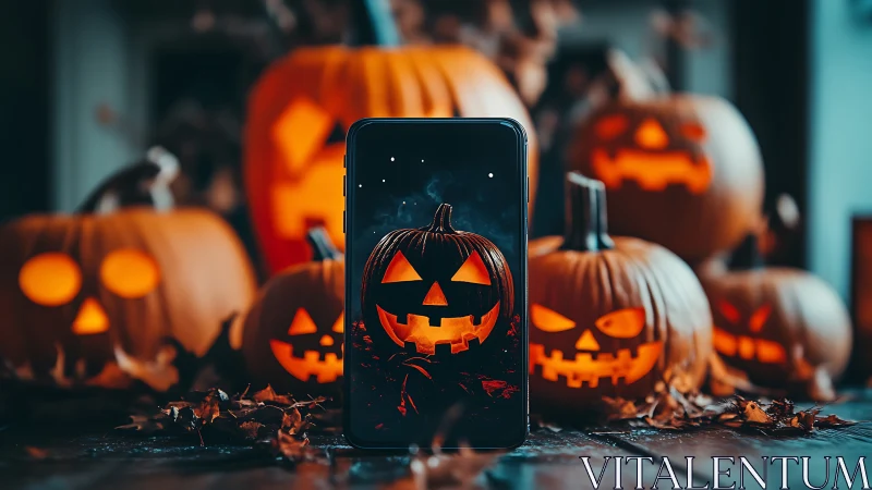Smartphone with jack o lantern display amid carved pumpkins.