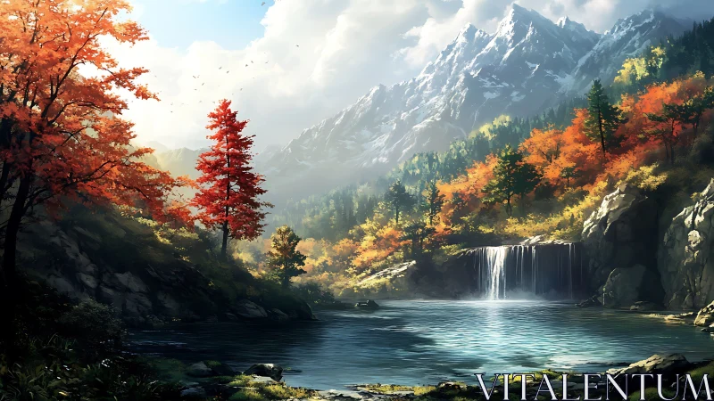 Autumn cascade beneath crystal peaks and whispered mist.