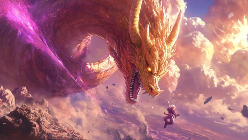 Colossal fire dragon confronting lone sky warrior in clouds.