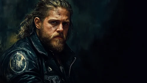 Brooding bearded biker in leather jacket against shadowed void.