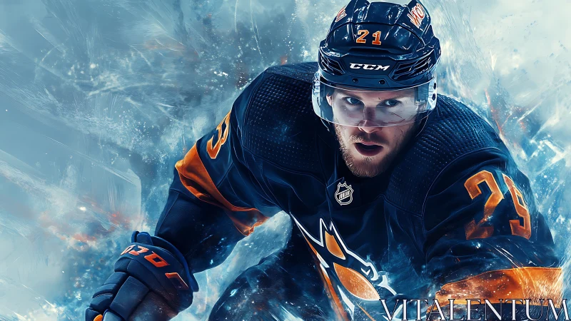 Ice hockey skater in dark uniform moves across textured rink