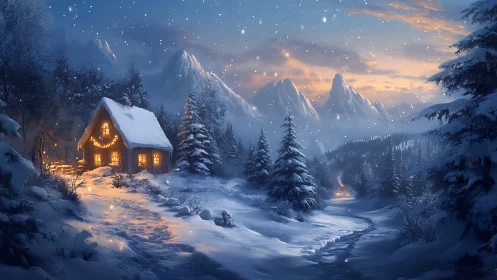 Snow-laden alpine cabin illuminated by warm volumetric interior light