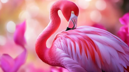 Close flamingo profile against soft pink bokeh background.