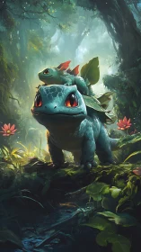 Gentle forest Bulbasaur family shares a sunny jungle stroll